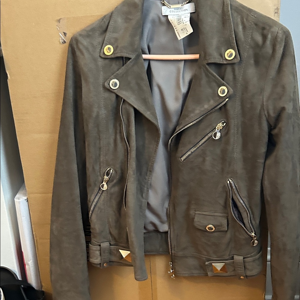 Versace Collection Olive Suede Moto Jacket with Gold Accents
